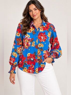 Vibrant Blue Floral Button-Up Women's Blouse